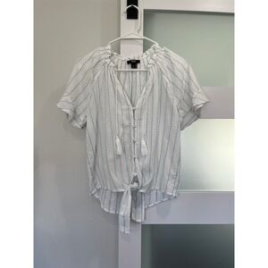 PAIGE Women XS White Blue Striped Cotton Tassel Tie Front Peasant Blouse Top